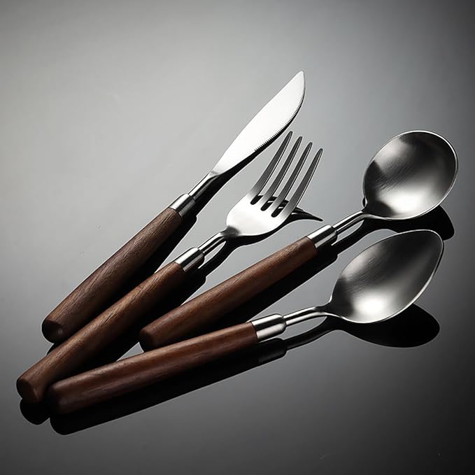 Flatware Set 56 Piece Wooden Handle Silverware Set for 14, 18/10 Stainless Steel Home Kitchen Cutlery Utensils Include Knifes Teaspoons Forks and Spoons Tableware Set Durable Dishwasher Safe