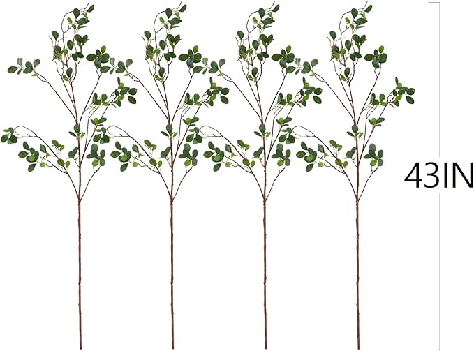 ucky Artificial Realistic Eucalyptus Stems,Decoration Greenery Stems ,43 Inch 4 Pcs, Realistic Touch Flexible Branches, Green Fake Plant, for Home Decor Tables Vases Garden Decoration