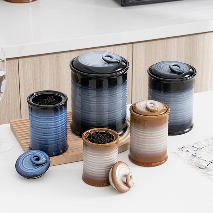 Nihow Ceramic Food Storage Jar Sets: Container with Air Tight Ceramic Lid for Flour/Sugar/Rice/Coffee/Cookies/Candy - Seal Damp-proof Canister for The Kitchen - Set of 3 (Brown)