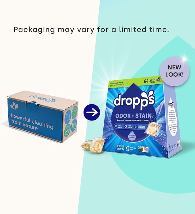 Dropps Odor & Stain Biobased Power Laundry Detergent Pods, Lavender Meadow (32 Count) - HE Compatible Laundry Pods for Fresh Clothes - Washing Detergent Soap Supplies & Recyclable Packaging
