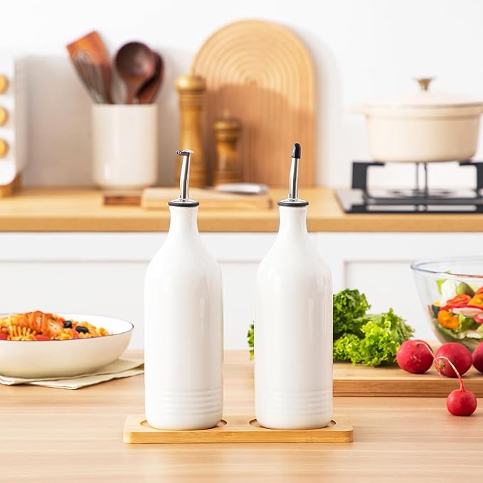 vancasso 20 Oz Ceramic Olive Oil Dispenser Bottle, Bottle Dispenser with Spout and Funnel for Kitchen,Suitable for Oil, Vinegar, Coffee Syrups & Other Liquids, White