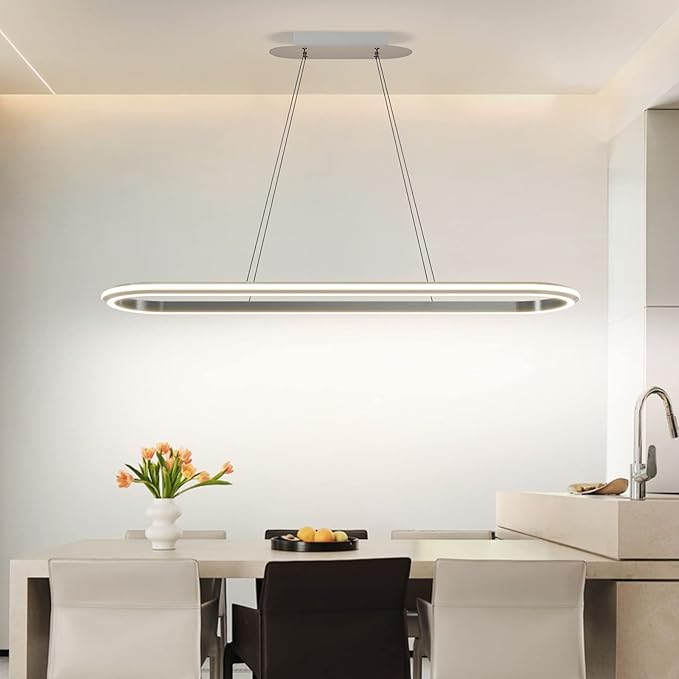 Island Lights, Linear Pendant Light LED Dimmable Hanging Light Fixture, 3000K-6000K with Remote Control,Chandeliers for Dining Room(Silver,43.3IN)