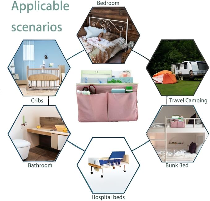 2-Pack Bedside Caddy Bedside Hanging Storage Basket Multi-Function Organizer Caddy for Bunk and Hospital Beds Dorm Rooms Bed Rails, Can be Placed Glasses Books Mobile Phones(2 pcs pink)