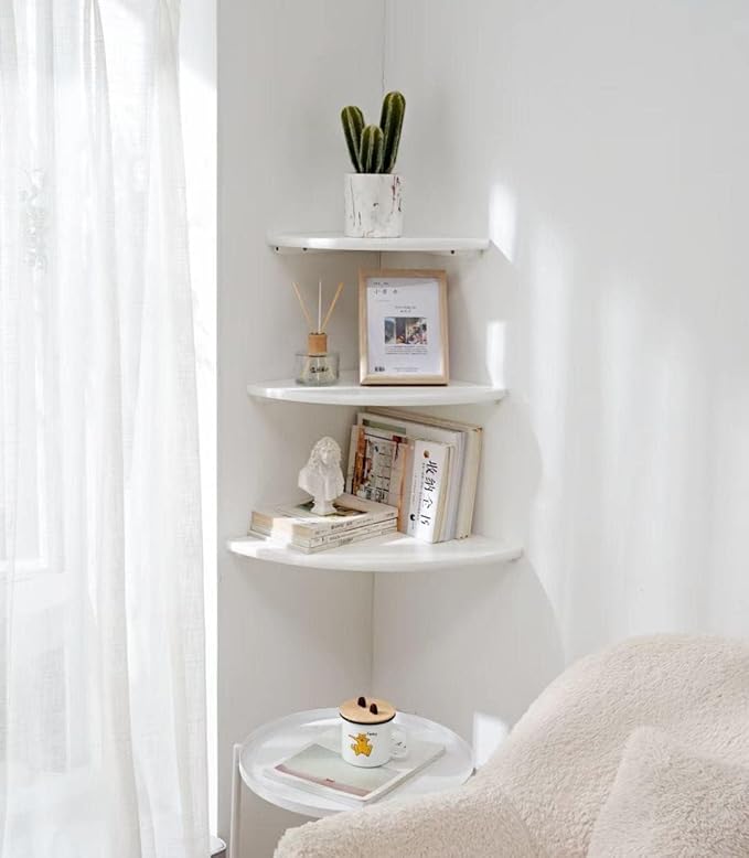 Corner Shelf, White Floating Corner Shelf, Set of 2 10inch Solid Oak Wood Wall Shelves, Round End Wall Mount with Wire Hole for Small Plant for Bedroom Kitchen, Living Room