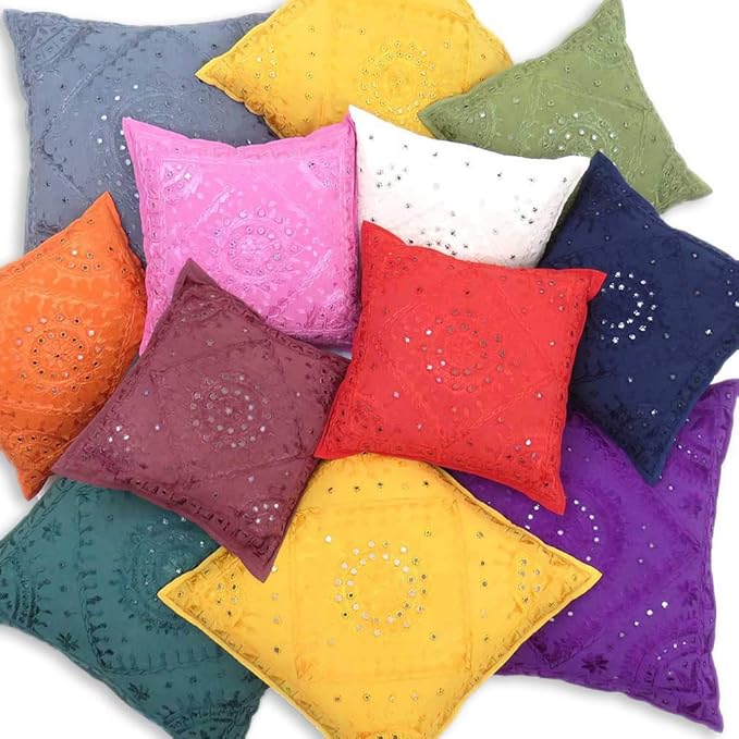 Eyes of India Embroidered Decorative Boho Throw Pillow Cover with Mirrors, Handmade Bohemian Accent Cushion Case for Sofa Couch Bedroom Living Room (Red, 16" x 16")