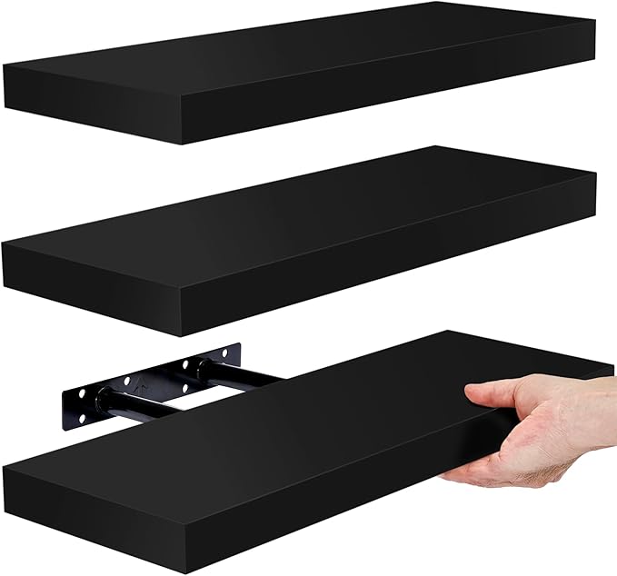 Sorbus Floating Shelves for Wall, Bathroom Shelves Wall Mounted for Kitchen, Bedroom, Bathroom Storage Over Toilet, Hanging Book Shelf for Wall Home Decor Living Room (Black, 3 Pack)
