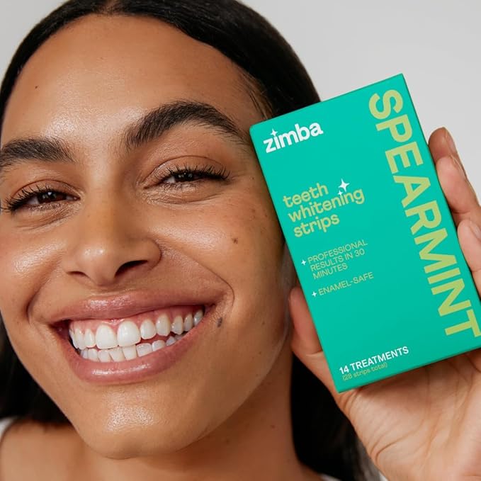Zimba Spearmint Flavored Teeth Whitening Strips | Vegan, Enamel Safe Hydrogen Peroxide Teeth Whitener for Coffee, Wine, Tobacco, and Other Stains | 14 Day Treatment | Spearmint