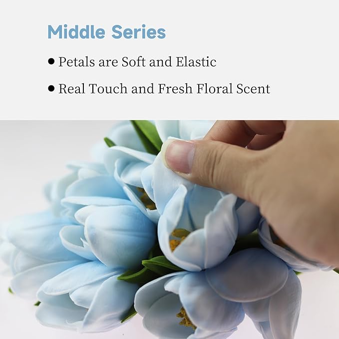 Buart Artificial Tulip in Bulk for Wedding Bridal Bouquet,Fake Flowers for Valentine's Day Mother's Day Easter Table Centerpieces Decorations(Light Blue,Real-Touch,12pcs)