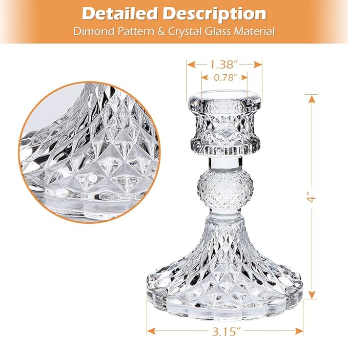 Candlestick Holders Set,12Pcs 4" H Taper Candle Holders Bulk, Clear Glass Candle Holders for Wedding, Spring Party, Romantic Dinner, Festival & Windowsill Decor
