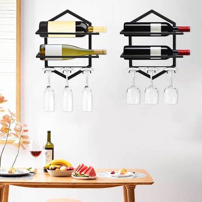 Wall Mounted Wine Stemware Rack, Metal Hanging Wine Glass Display Holde Holds 3 Cups 2 Bottles, Elegant Storage for Kitchen Dining Room Bar Wine Cellar (Black 1)