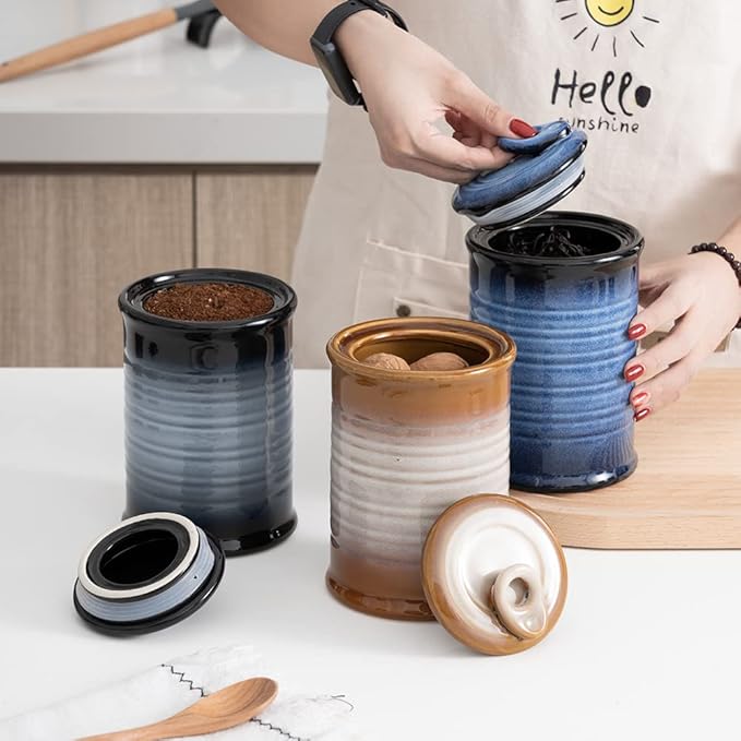 Nihow Food Storage Jar Sets: Ceramic Container with Air Tight Lid for Flour/Sugar/Rice/Coffee/Cookies/Candy - Seal Damp-proof Canister for The Kitchen - Set of 3 (Blue & Black)
