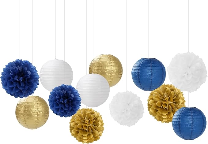 Navy-Blue Gold Party-Decorations Paper-Flowers Lanterns - 15PCS Royal White Baby Bridal Shower Tissue Pom Poms Streamers, Bachelorette Birthday Wedding Graduation Hanging Supplies Decor Hugfond
