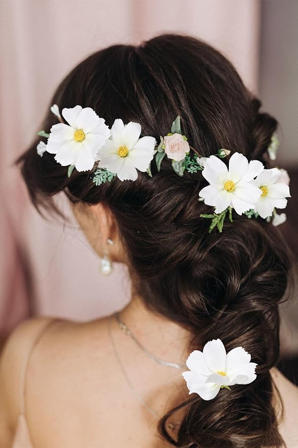 IPOPU White Daisy Flowers Artificial Cosmos 5PCS White Fake Wildflowers 24.5" Silk Flowers with Stems for Home Decor Indoor Artificial Daisies for Wedding Bouquets Floral Craft
