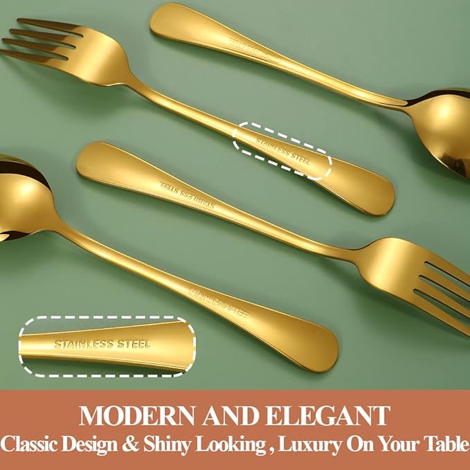 Lazycorner 50 Pcs Gold Silverware Set for 10, Food Grade Stainless Steel Flatware Set Include Fork/Knife/Spoon, Mirror Polished Eating Utensils Sets, Reusable Silverwear Cutlery Set, Dishwasher Safe