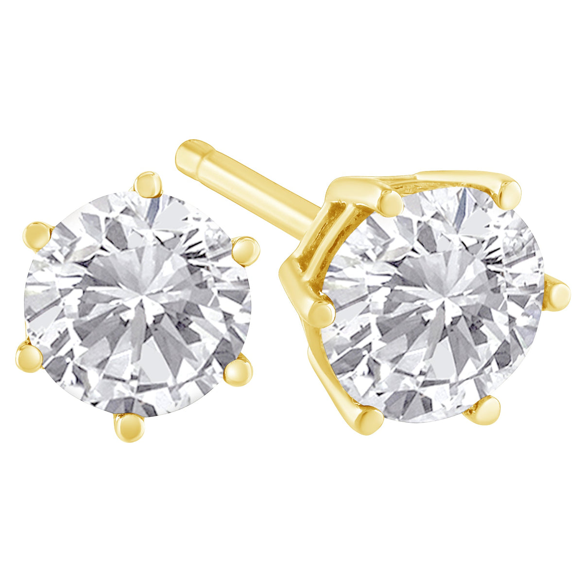 Boucles d'oreilles clous classiques 6 griffes en or jaune 18 carats avec diamant rond taille brillant incolore 1,5 carat total (couleur H-I, pureté I1-I2)