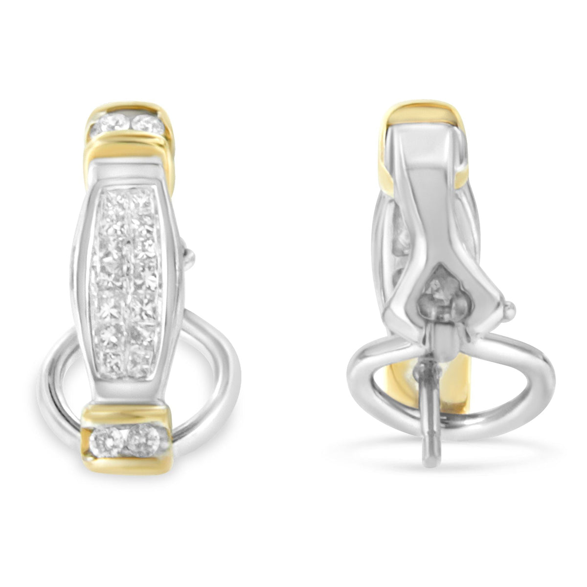 Boucles d'oreilles en or bicolore 14 carats avec diamants ronds et princesse (0,5 carat au total, couleur H-I, pureté SI2-I1)