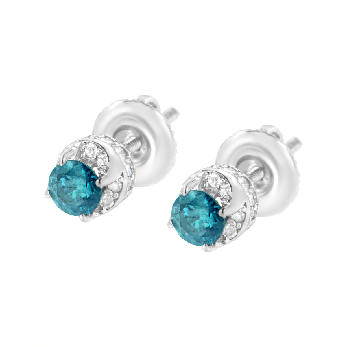 Boucles d'oreilles en or blanc 14 carats avec diamants ronds bleus traités et blancs 1/2 carat total (I-J I2-I3)