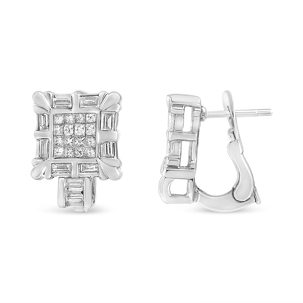 Boucles d'oreilles créoles à charnière oméga en or blanc 14 carats avec diamants taille princesse et baguette de 1,0 carat au total, serties en carré (couleur H-I, pureté SI1-SI2)