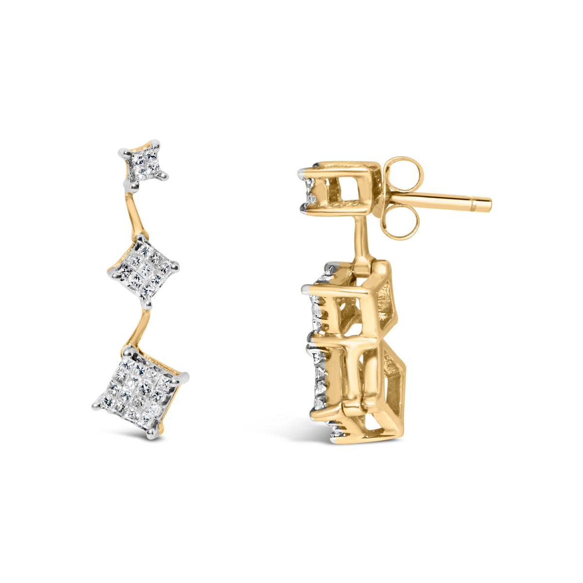 Boucles d'oreilles en or jaune 14 carats avec diamants taille princesse de 1 carat (H-I, SI1-SI2)