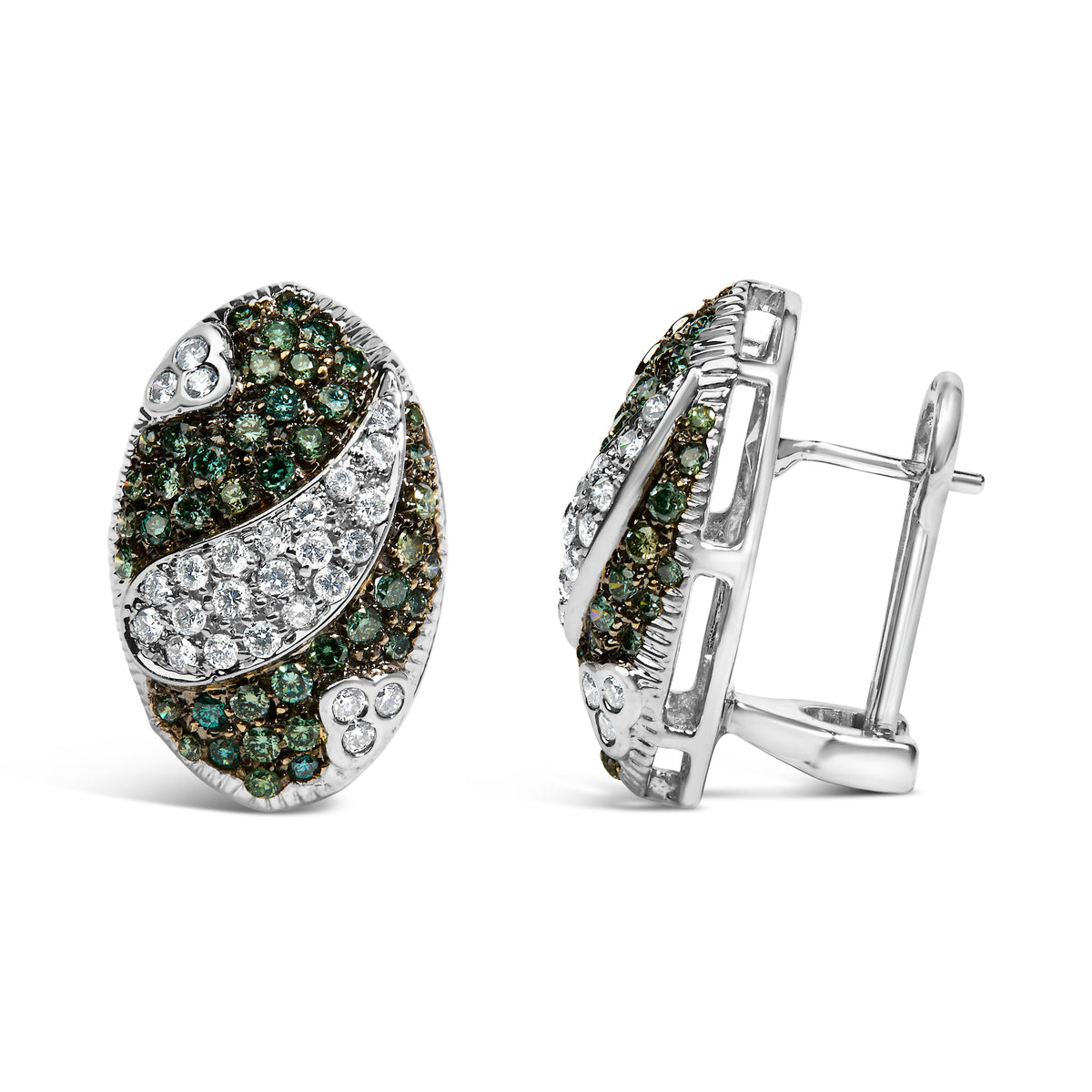 Boucles d'oreilles bouclier ovale en or blanc 14 carats avec diamants blancs et bleus traités de 2,00 carats au total, monture oméga (couleur H-I, pureté SI1-SI2)