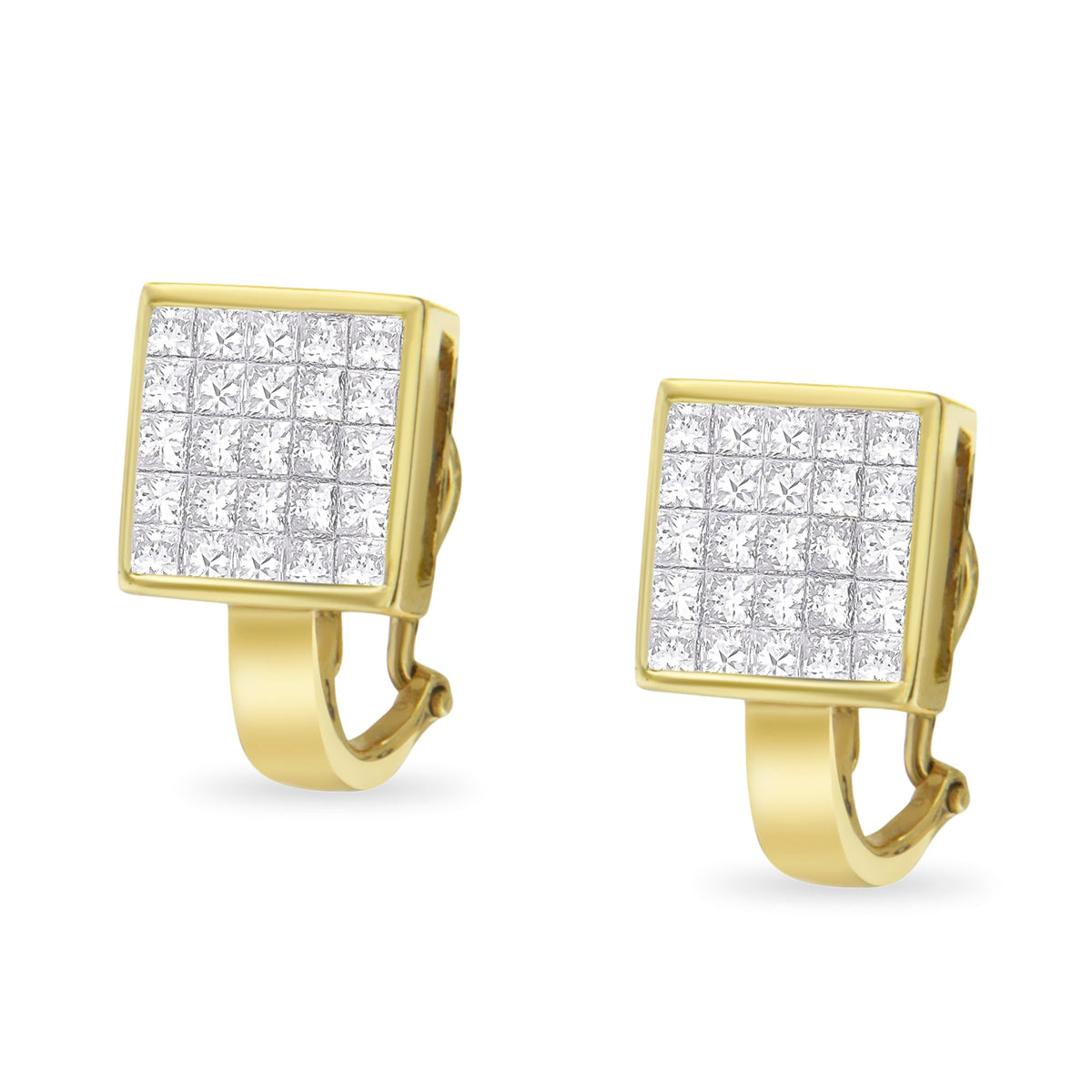 Boucles d'oreilles clous de style Huggy à dos Oméga, en or jaune 14 carats, serties invisibles en grille carrée de ¾ de diamant taille princesse de 3,2 carats (couleur G-H, pureté VS1-VS2)