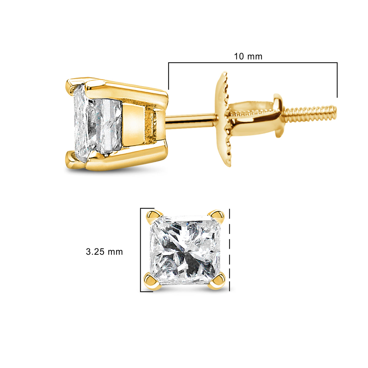 Puces d'oreilles solitaires en or jaune 14 carats avec diamants taille princesse 0,5 carat total et fermoirs à vis (couleur I-J, pureté SI2-I1)