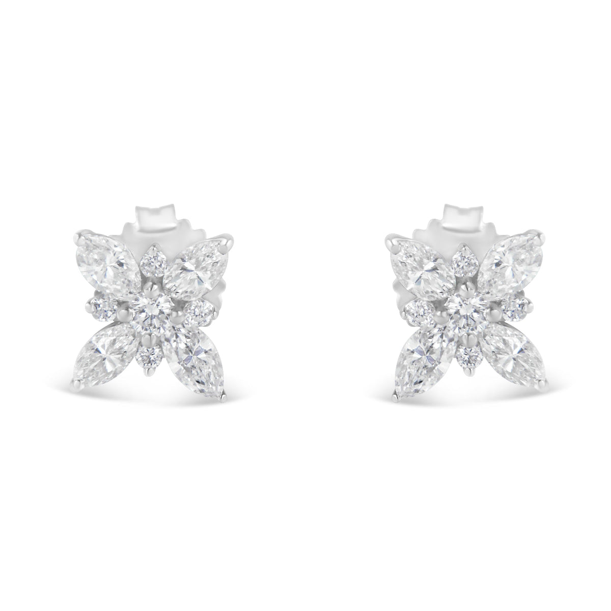 Boucles d'oreilles clous fleur en or blanc 14K avec diamants taille marquise (1,00 carat total, couleur H-I, pureté SI1-SI2)