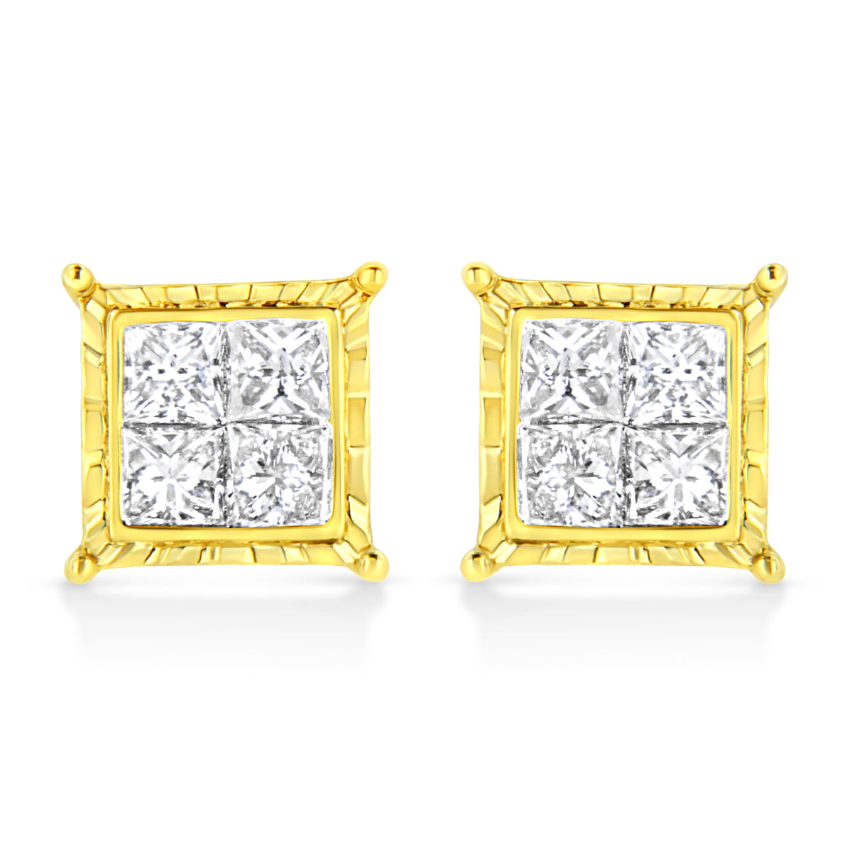 Boucles d'oreilles clous carrées en or jaune 14 carats avec diamants taille princesse 1 carat