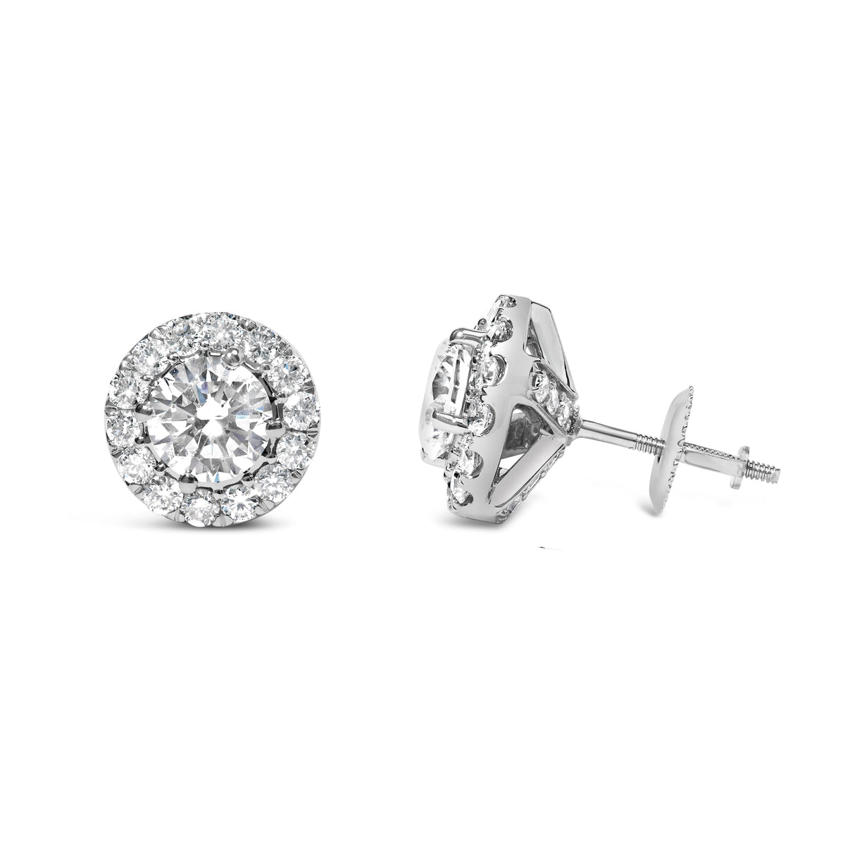 Boucles d'oreilles clous en or blanc 14 carats, diamants de laboratoire 3.0 carats, avec halo caché