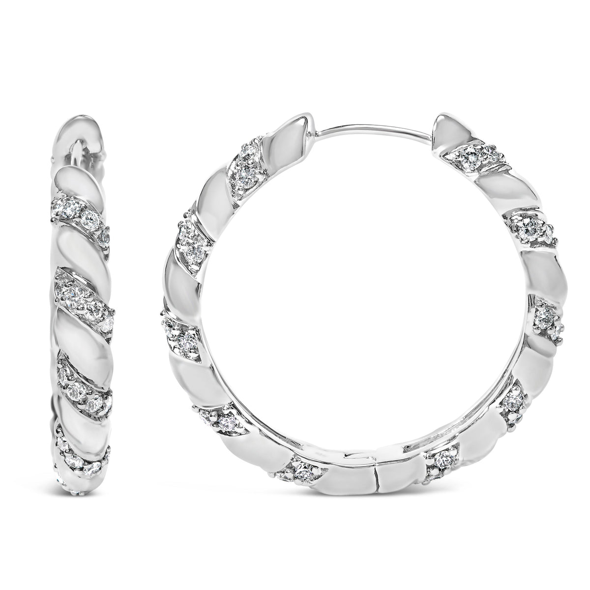Créoles de 2,5 cm en or blanc 14 carats, diamants de laboratoire 1,2 carat avec motif tourbillon (couleur F-G, pureté VS1-VS2)