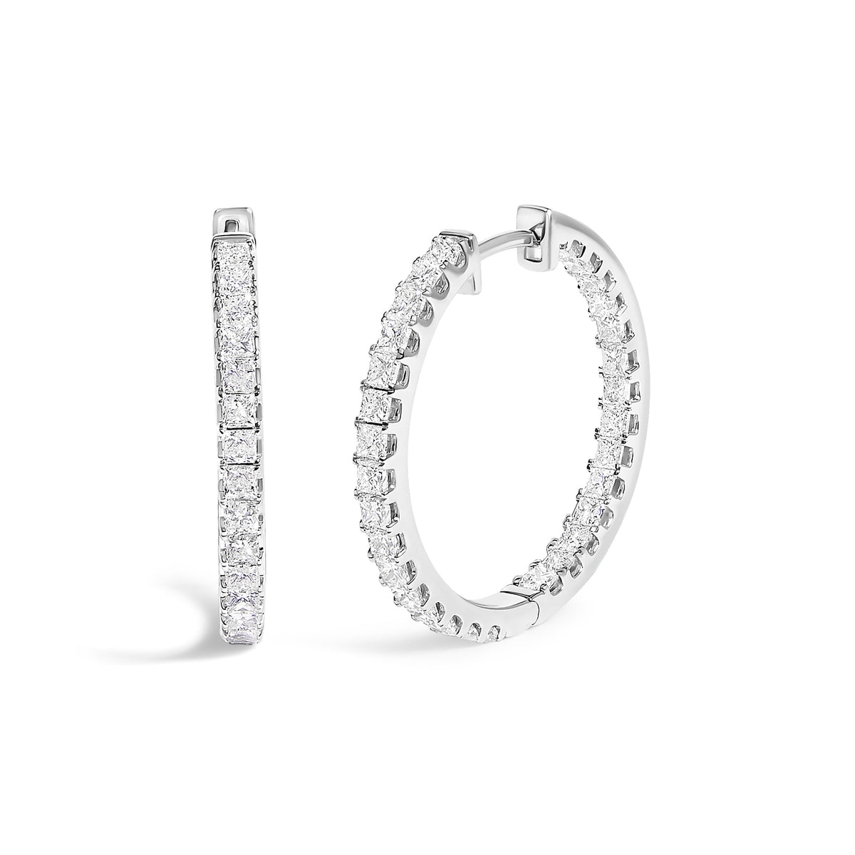 Boucles d'oreilles créoles 2,00 carats en or blanc 14 carats, diamants princesse intérieurs et extérieurs