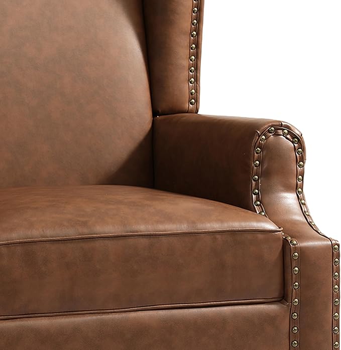 UIXE PU Leather High Back Accent Chair, Upholstered Armchair for Living Room, Retro Wingback Arm Chair Nailhead Trim Single Sofa Bedroom Reading Seat with Solid Wood Legs - Brown
