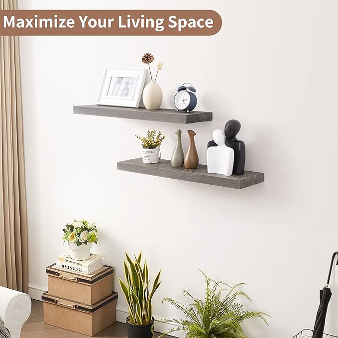 Axeman Floating Shelves for Wall, 24''W x 8'' D Rustic Solid Elm Wood Shelves for Storage, Wall Mounted Display Shelving with Invisible Heavy-Duty Metal Bracket (Grey, 2PCs)