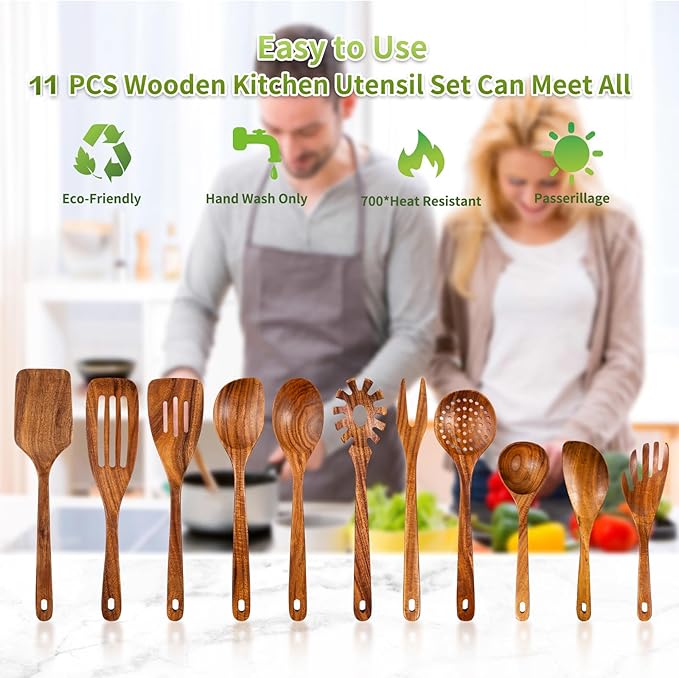 GUDAMAYE 11 PCE Wooden Spoons for Cooking, Wooden Kitchen Utensils Set,Wooden Cooking Utensils,Natural Teak Wooden Spoons For Non-stick Pan