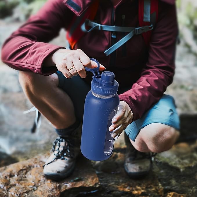 32 oz Glass Water Bottle with Straw and Handle, Sports Motivational Water Flask with Silicone Sleeve, Large Leakproof Water Flask Cup with Time Marker for Travel, Gym, Blush