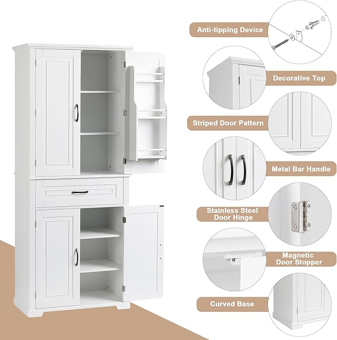 72.2" Tall Storage Cabinet with 4 Doors and Drawer, Freestanding Linen Cabinet, Wooden Pantry with Adjustable Shelf for Kitchen, Bathroom, Living Room White