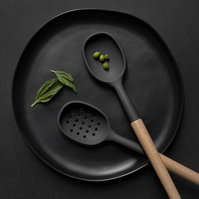 Country Kitchen Non Stick Silicone Utensil Set with Rounded Wood Handles for Cooking and Baking, 6 Piece Set, Black
