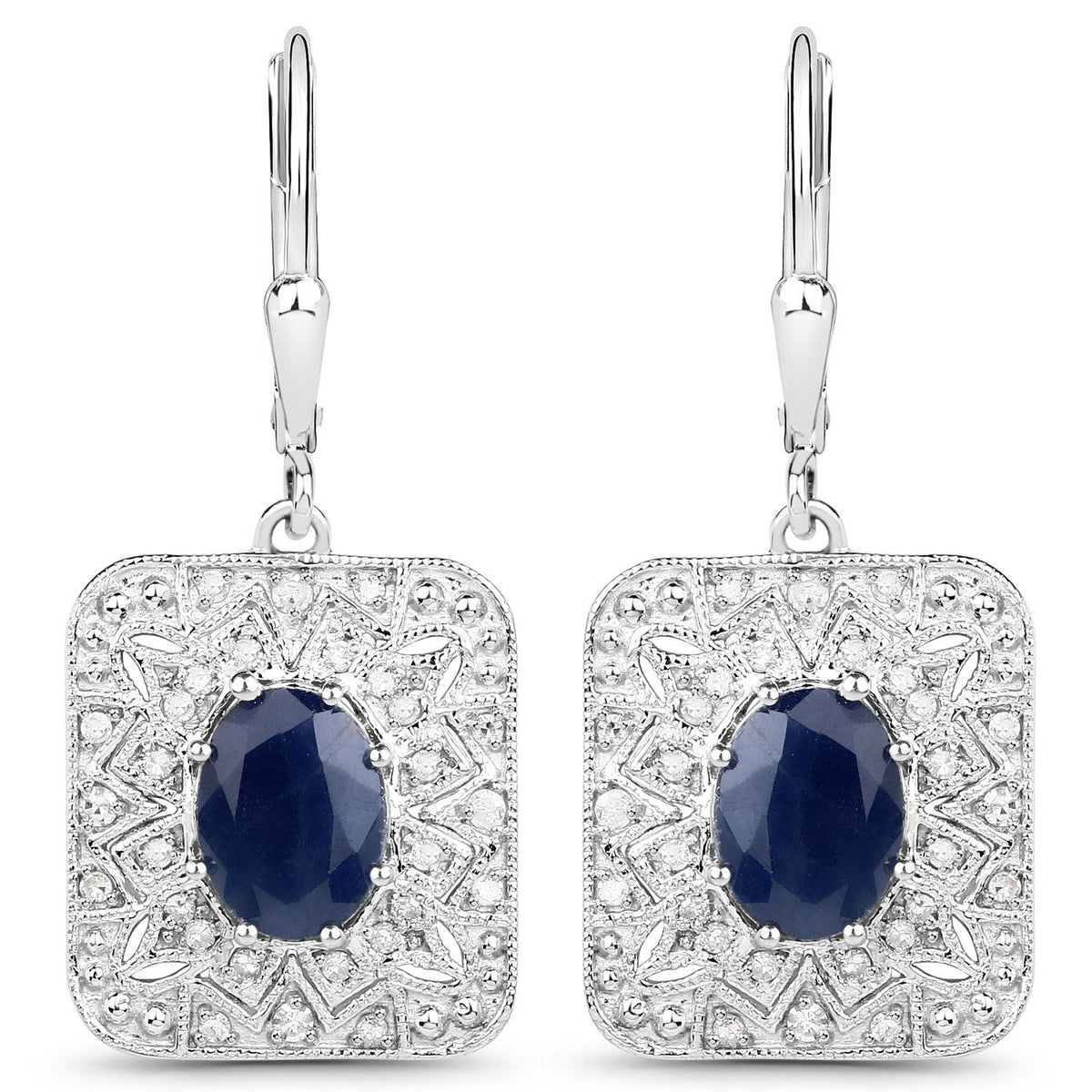 3.36 Carat Genuine Blue Sapphire and White Diamond .925 Sterling Silver Earrings