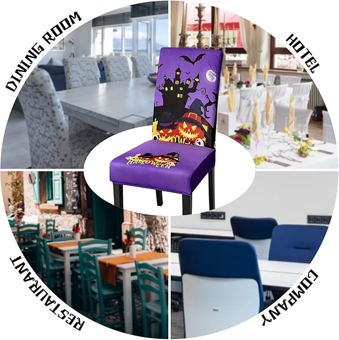 JQinHome Purple Halloween Chair Slipcover, Castle Chair Covers Set of 4, High Stretch Washable Chair Protector Cover for Dining Room, Kitchen,Home Party,Wedding Ceremony(Purple,4PC)