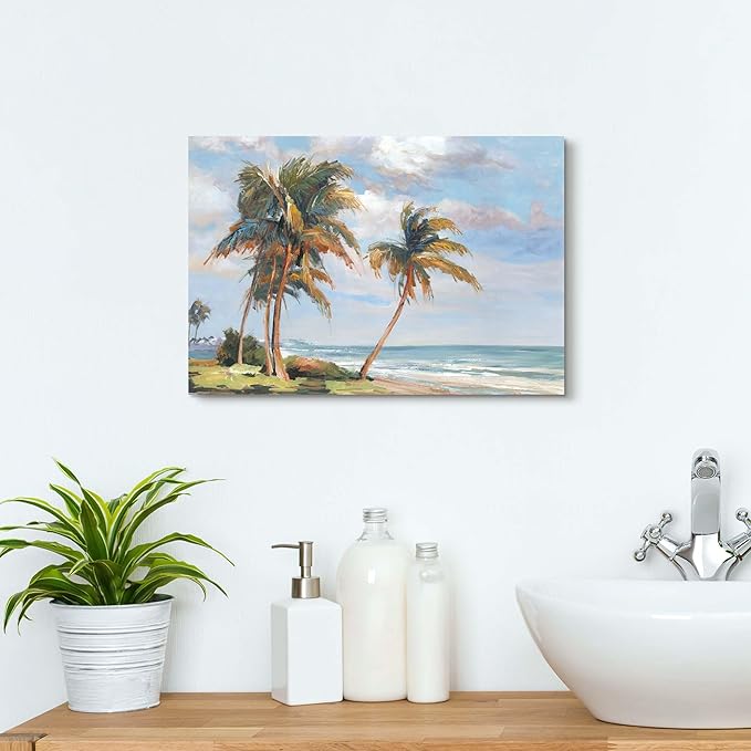 cozy country Palm Tree Wall Art 16"x11" - Coastal Pictures Beach Canvas Ocean Decor - Nautical Artwork Seascape Painting for Bathroom, Bedroom, Sea House
