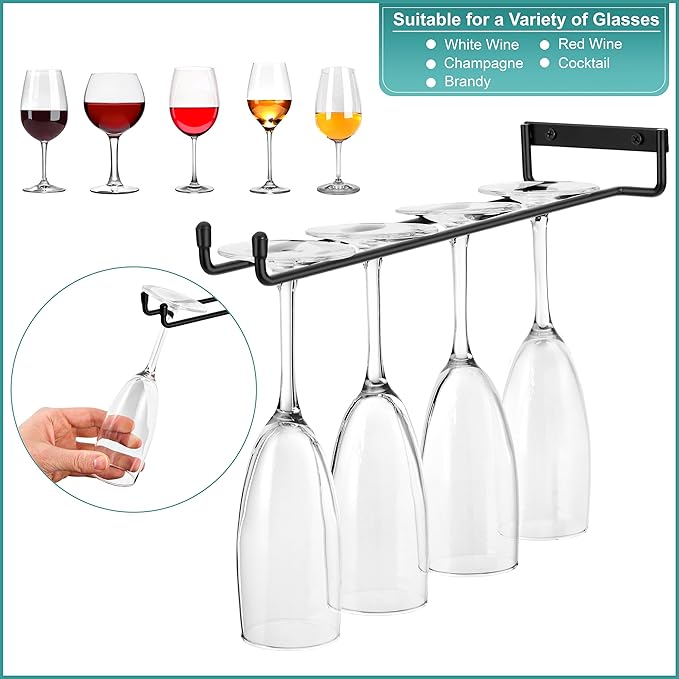 Sorbus Wine Glass Holder - 12 Inch Wall Mounted Wine Glass Rack for Under Cabinet Organization and Storage - Kitchen Shelves for Home Bar Holds Up to 4 Stemware Wine Glasses Each, 16 Total (4 Pack)