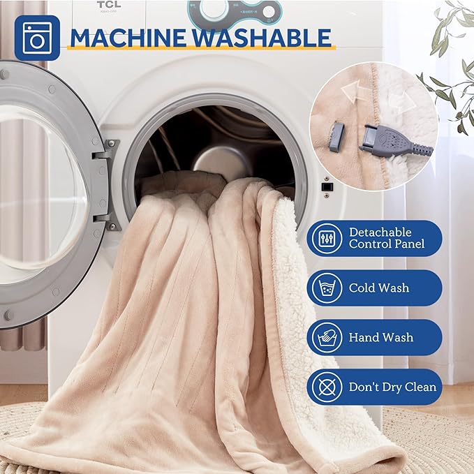 Sealy Electric Blanket Full Size 80"*84",Super Cozy Flannel to Sherpa Reversible Heated Blanket Full Size with 10 Heating Levels & 1-12 Hours Auto Off Overheating Protection Machine Washable, Beige