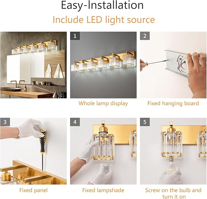 Modern 6-Light Gold Brushed Brass Finish Crystal Wall Light for Bathroom Vanity