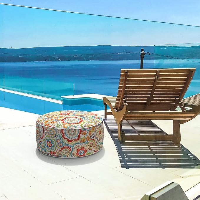 LVTXIII Indoor/Outdoor Inflatable Ottoman, All Weather Round Footrest Stool D21”x H9”, Portable for Patio Garden Camping or Home-Flower Multi