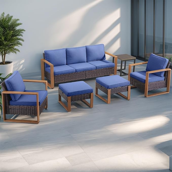 Outdoor Wicker Patio Furniture Set - 5 Piece Patio Conversation Set with 2 Wicker Armrest Chairs,2 Rattan Ottoman, 1 Side Table, Sturdy Frame, Thick Cushions, Deep Seating(Brown/Blue)