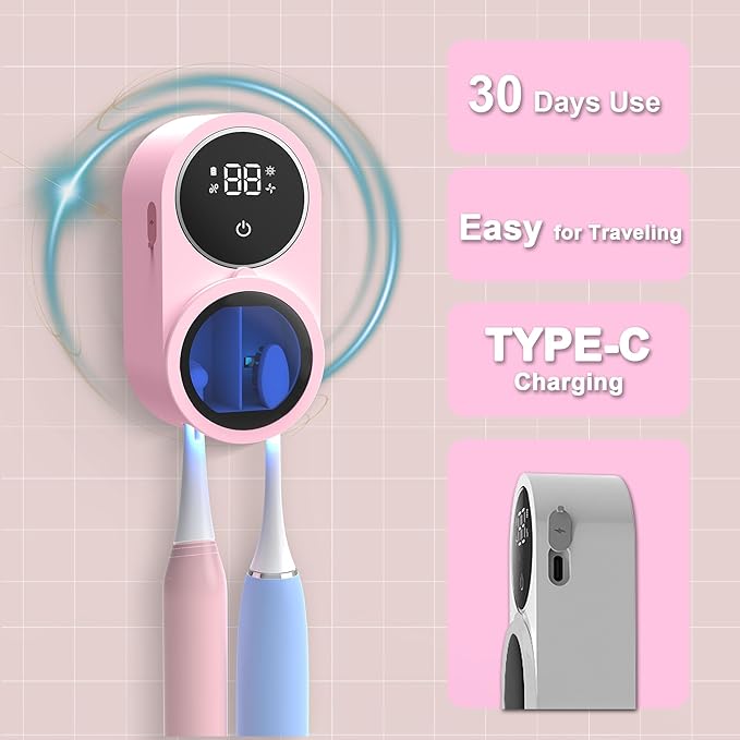 Toothbrush Holder and Cleaner for Bathroom Light Cleaning Fan Drying Round in Circle Automatic Rotating Cover Wall Mounted Smart Home Gadgets (03 Pink)