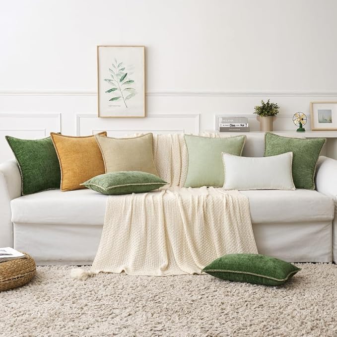 MIULEE Pack of 2 Couch Throw Pillow Covers 22x22 Inch Sage Green Farmhouse Decorative Pillow Covers with Stitched Edge Soft Chenille Solid Dyed Spring Pillow Covers for Sofa Bed Living Room