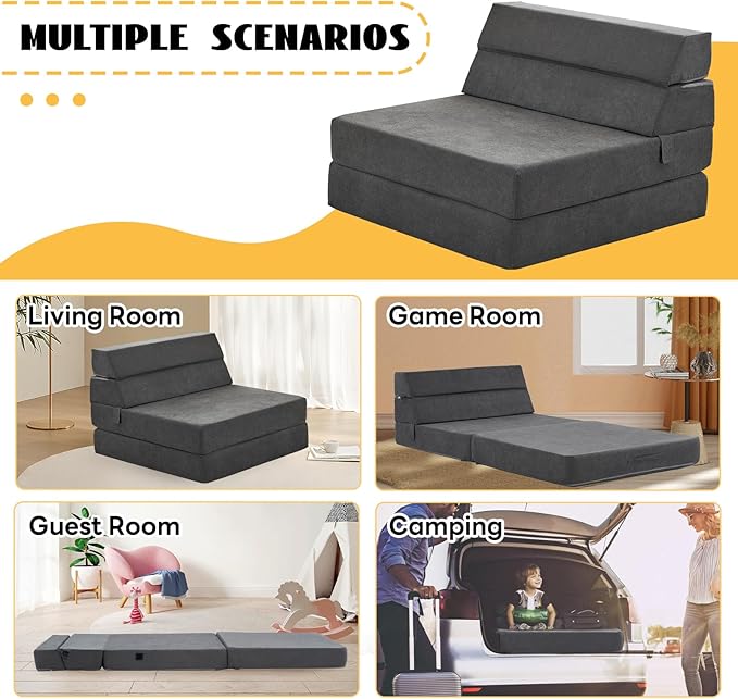 jela Foldable Sofa Bed Large Soft Foam Convertible Sleeper Chair Luxury Miss Fabric Fold Out Chair Bed Floor Couch with Back Support Floor Sofa for Living Room Bedroom (83"x33",Dark Gray)
