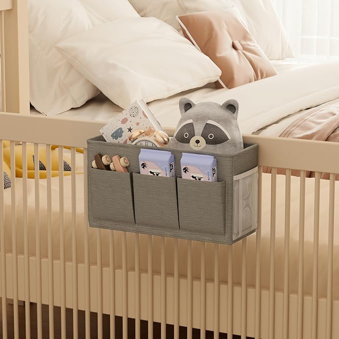 Dual-purpose Bedside Caddy Bedside Organizer, Bed Caddy with 6 Pockets, Versatile Bedside Storage Solution Magazine Remotes holder, ideal for Home, Dorm, Hospital, Crib Bed (Grey)