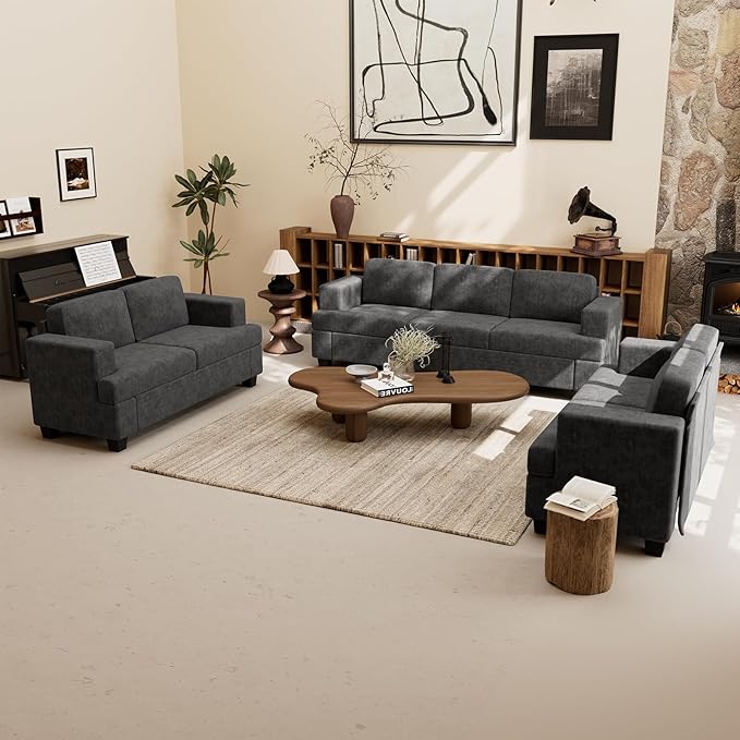 Sofa Couch, 3 Piece Set Comfy Sofa, 2 Loveseat & 3 Seater Sofa with Deep Seats for Living Room, Modern Sleeper Couch, Dark Grey Chenille